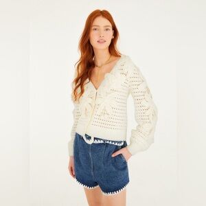 Farm Rio Off-White Crochet 3d Flowers Knit Cardigan